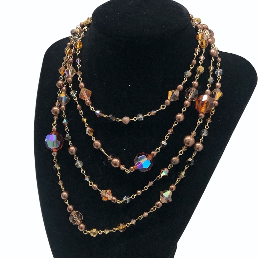 VINTAGE FALL TONES LONG AURORA BOREALIS CRYSTAL & FAUX PEARL NECKLACE